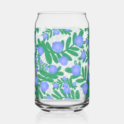 淡い紫のフローラの花と緑の葉植物 ガラス缶 (正面)