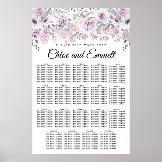 淡い紫の白いフローラ19テーブルの座席表 ポスター (正面)