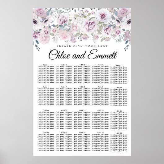 淡い紫の白いフローラ20テーブルの座席表 ポスター (正面)