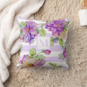 淡い紫の白ストリップ水色の紫のフローラ クッション (ブランケット)