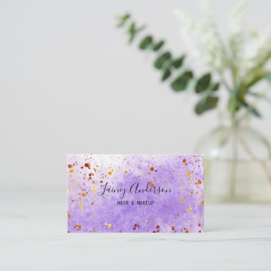 淡い紫色の水色フェイク金ゴールド箔グリッター 名刺 (スタンド正面)