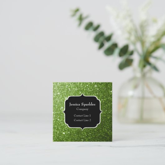 淡い緑のグリッタースパークルズモノグラム スクエア名刺 (スタンド正面)