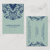淡い緑のリネンのテクスチャブルーフローラレース 名刺 (正面/裏面)