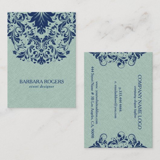 淡い緑のリネンのテクスチャブルーフローラレース 名刺 (正面/裏面)