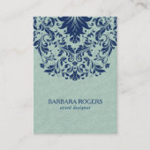 淡い緑のリネンのテクスチャブルーフローラレース 名刺 (正面)