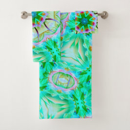 淡い緑の粒状のテクスチャ、花の万華鏡のように千変万化するパターンt バスタオルセット