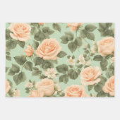 淡い緑の背景に桃の色のバラ ラッピングペーパーシート (正面)