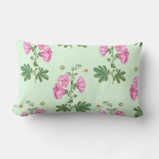 淡い緑の背景ピンク色の花 ランバークッション (正面)