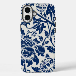 淡い背景の複雑な青い花柄 iPhone 16 PLUSケース