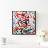 淡い背景鮮やかに色を付けたユリ花 スクエア壁時計 (ホーム)