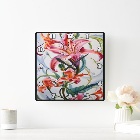 淡い背景鮮やかに色を付けたユリ花 スクエア壁時計 (ホーム)