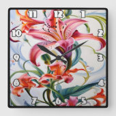 淡い背景鮮やかに色を付けたユリ花 スクエア壁時計 (正面)