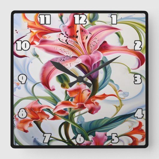 淡い背景鮮やかに色を付けたユリ花 スクエア壁時計 (正面)