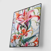 淡い背景鮮やかに色を付けたユリ花 スクエア壁時計 (傾斜)