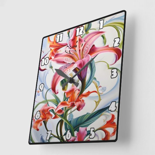 淡い背景鮮やかに色を付けたユリ花 スクエア壁時計 (傾斜)