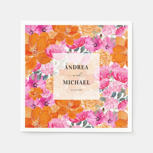 淡い色あせたピンクとオレンジのフローラサマー結婚ズ スタンダードカクテルナプキン (正面)