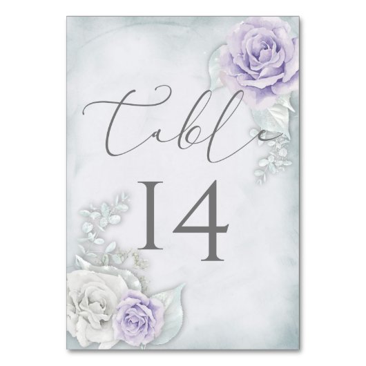淡い色のかわいらし薄紫と白のバラ結婚ズ テーブルナンバー (正面)