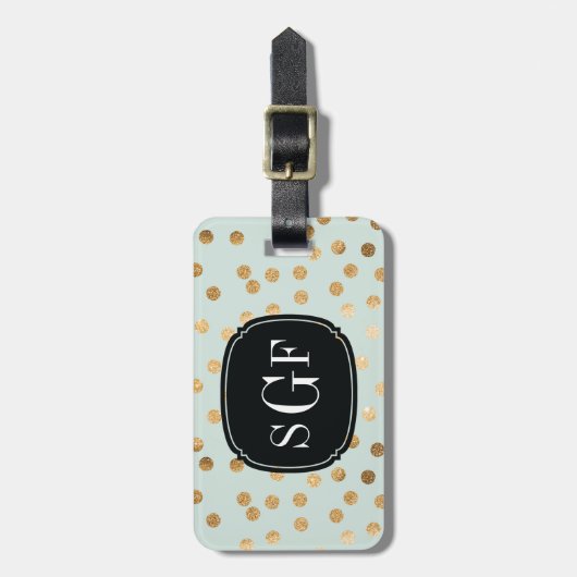 淡い色ので真新しい青および金ゴールドのグリッター都市点のモノグラム ラゲッジタグ (正面縦)