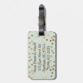 淡い色ので真新しい青および金ゴールドのグリッター都市点のモノグラム ラゲッジタグ (裏面縦)