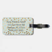 淡い色ので真新しい青および金ゴールドのグリッター都市点のモノグラム ラゲッジタグ (裏面横)