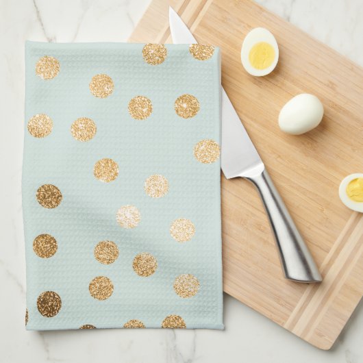 淡い色ので真新しい青および金ゴールドのグリッター都市点 キッチンタオル (四つ折り)
