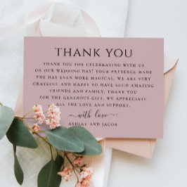 淡い色のほこりっぽいピンクのミニマル結婚タイポグラフィ サンキューカード