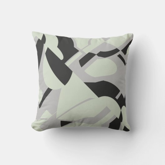 淡い色のグリーングレーブラックダイアゴナルアート抽象芸術 クッション (正面)