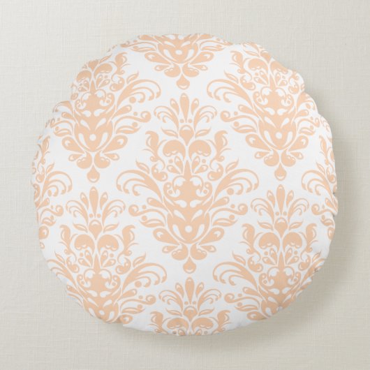 淡い色のサンゴのピンクと白のダマエレガントスク模様 ラウンドクッション (正面)