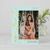 淡い色のターコイズ金ゴールド書道写真卒業 箔招待状 (立ち正面)