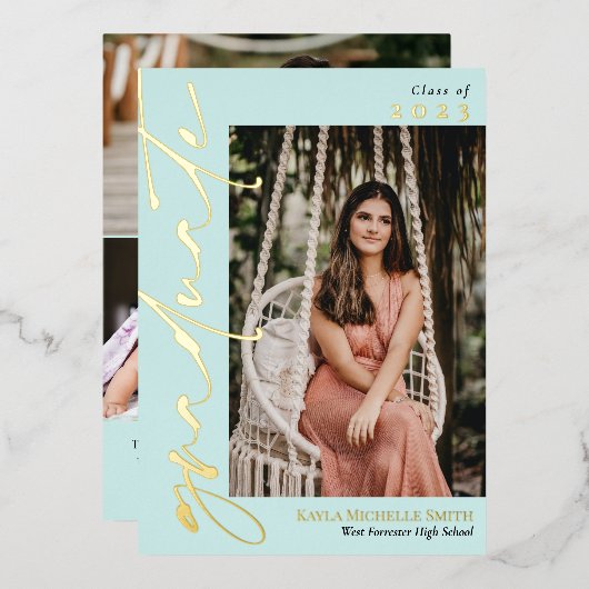 淡い色のターコイズ金ゴールド書道写真卒業 箔招待状 (正面/裏面)
