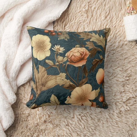 淡い色のティール（緑がかった色）の背景に桃とピンクの花模様 クッション (ブランケット)