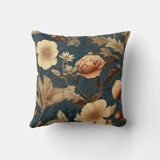 淡い色のティール(緑がかった色)の背景に桃とピンクの花模様 クッション (裏面)