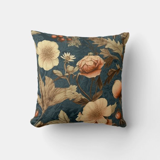 淡い色のティール(緑がかった色)の背景に桃とピンクの花模様 クッション (正面)