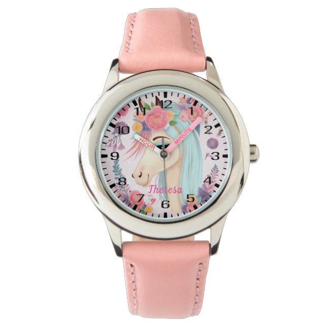 淡い色のティール（緑がかった色）ヘアの一角花 腕時計 (正面)