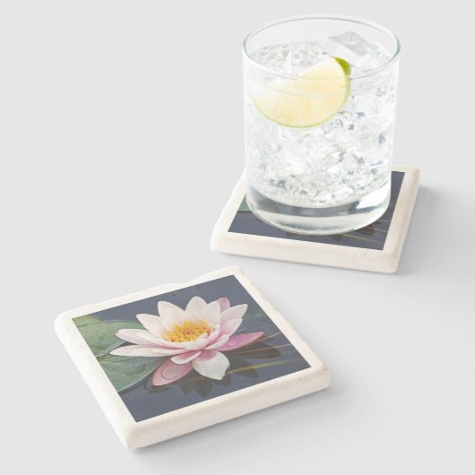 「淡い色のピンク、満開の蓮の花」 ストーンコースター (横)