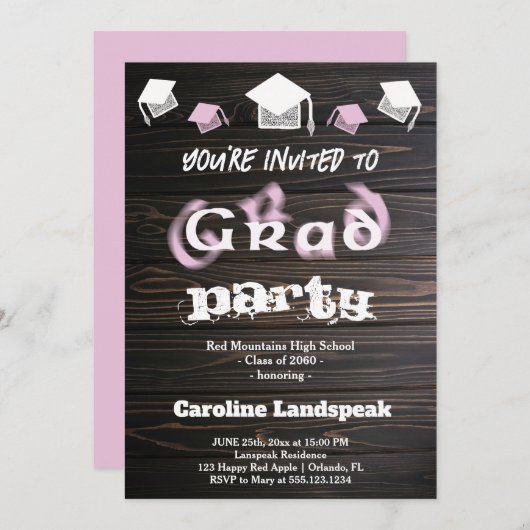 淡い色の卒業式ハウスパーティー用ピンクブレ文字 招待状 (正面/裏面)