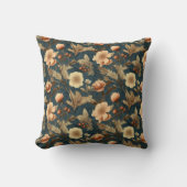 淡い色の桃とピンクの花模様のティール（緑がかった色）パターン クッション (正面)