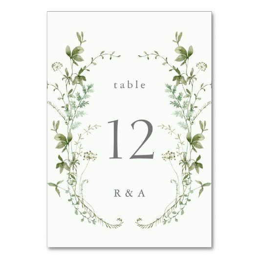 淡い色の緑エレガント水彩野結婚花 テーブルナンバー (正面)