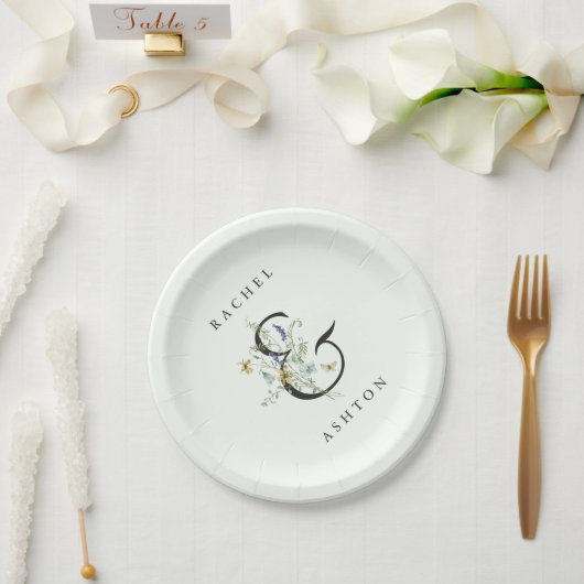 淡い色の緑エレガント水彩野結婚花 ペーパープレート (ウェディング)