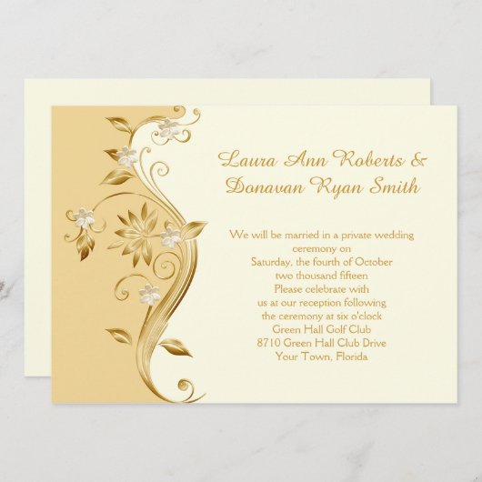 淡い色の金ゴールドと華美金ゴールド花披露宴のみ 招待状 (正面/裏面)