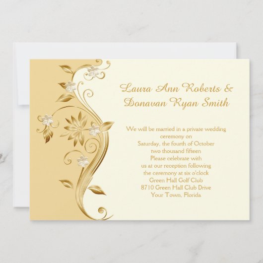 淡い色の金ゴールドと華美金ゴールド花披露宴のみ 招待状 (正面)