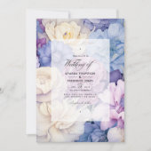 淡い色の青、クリーム、ラベンダーフローラ結婚 招待状 (正面)