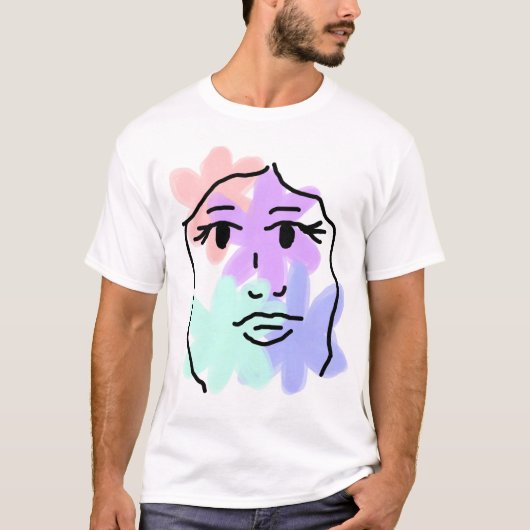淡い色の顔と花の抽象画 Tシャツ (正面)