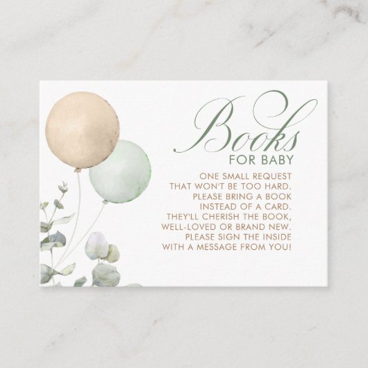 淡い茶色とセージ風船赤ちゃんシャワーブック エンクロージャーカード (正面)
