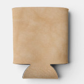 淡い茶色、レザーテクスチャの背景。 缶クーラー (裏面)