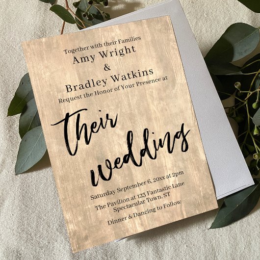 淡い農村風の木製タイポグラフィ - 彼らの結婚式 招待状