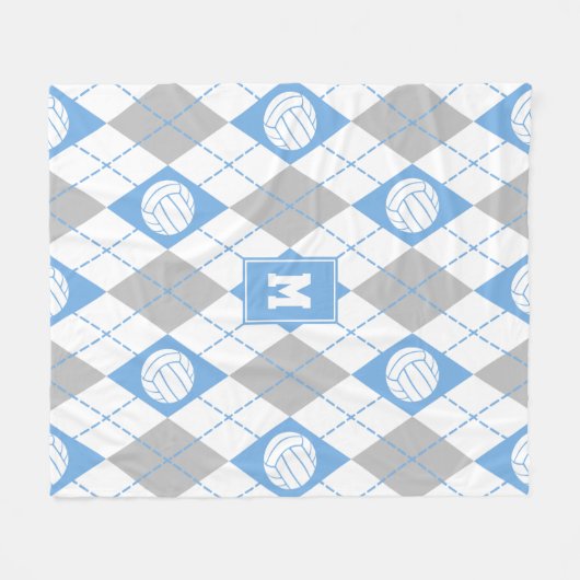 淡い青いグレーアーガイルパターンとバレーボール フリースブランケット (正面(横))