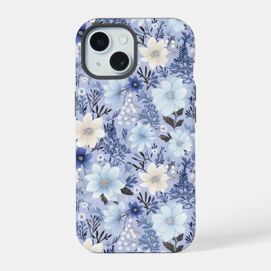 淡い青い花柄 iPhone 15ケース (裏面)