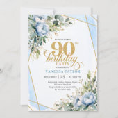 淡い青とゴールドのフラワーブレンドの高級90歳の誕生日 招待状 (正面)