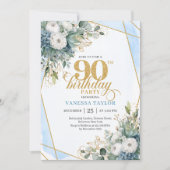 淡い青とゴールドの葉がソフトでおしゃれな90歳の誕生日 招待状 (正面)